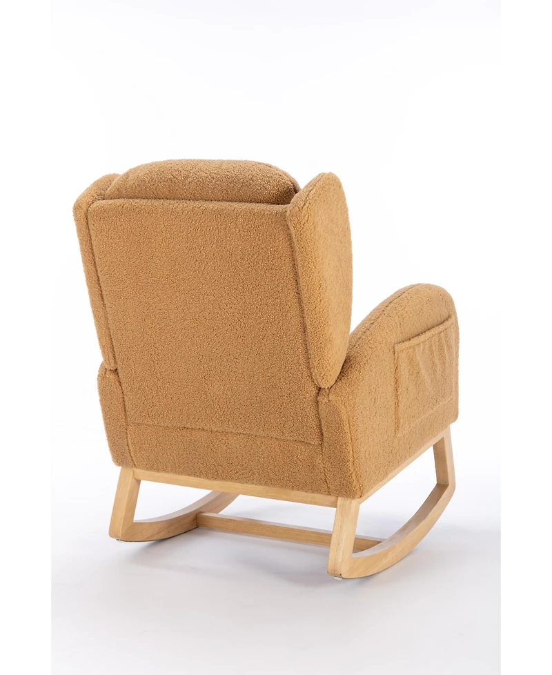 Flynama Khaki Teddy Fabric Rocking Chair with Wooden Frame Legs Built in Packet Ergonomic Backrest 300 Lbs Capacity for Living Room Bedroom