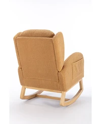 Flynama Khaki Teddy Fabric Rocking Chair with Wooden Frame Legs Built in Packet Ergonomic Backrest 300 Lbs Capacity for Living Room Bedroom