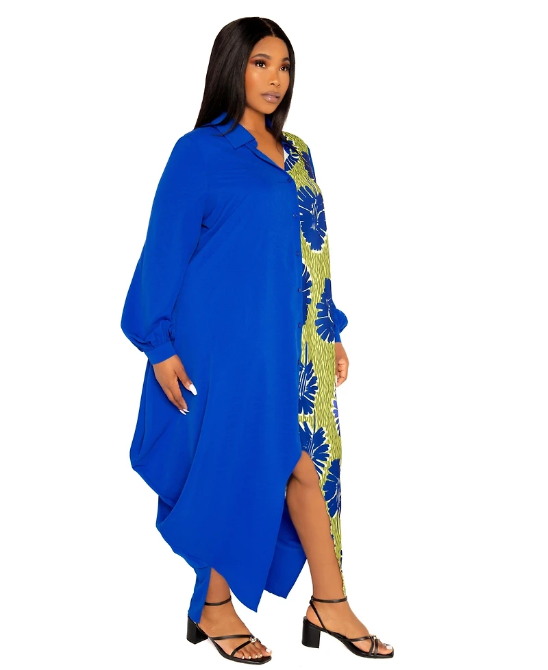 Buxom Couture Women's Plus Contrast Print Drapy Shirt Maxi Dress