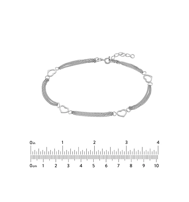 Curata Jewelry 925 Sterling 10 Inch Rhodium Plated Open Love Heart 4 Station 3 Row Anklet Anklet