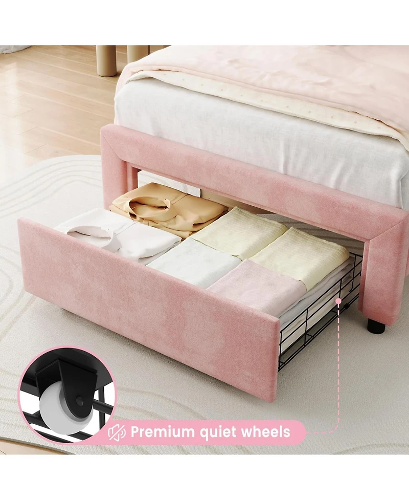 gaomon Twin Upholstered Smart Led Bed Frame with Adjustable Bear Headboard, Storage Drawer, Velvet Princess Platform