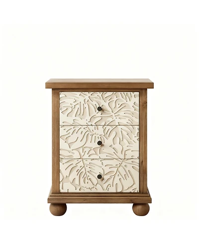 Yigii Rustic 3-Drawer Nightstand with Leaf Carvings