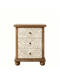 Yigii Rustic 3 Drawer Nightstand With Leaf Carvings