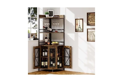 gaomon Corner Bar Cabinet with Led Strip 5-Tiers Industrial Bar Cabinet with Power Outlet & Glass Holder Wine Cabinet for Home Bar Display Cabinet