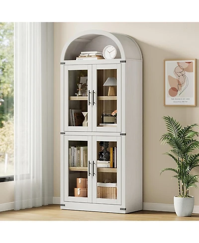 gaomon Arched Bookshelf with Doors, 71.4" Tall Farmhouse Bookcase 15.83" Deep Shelves, Wooden Display Cabinet Storage