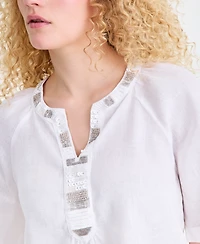 Charter Club Women's 100% Linen Embellished-Neck Elbow-Sleeve Top, Macy's Exclusive