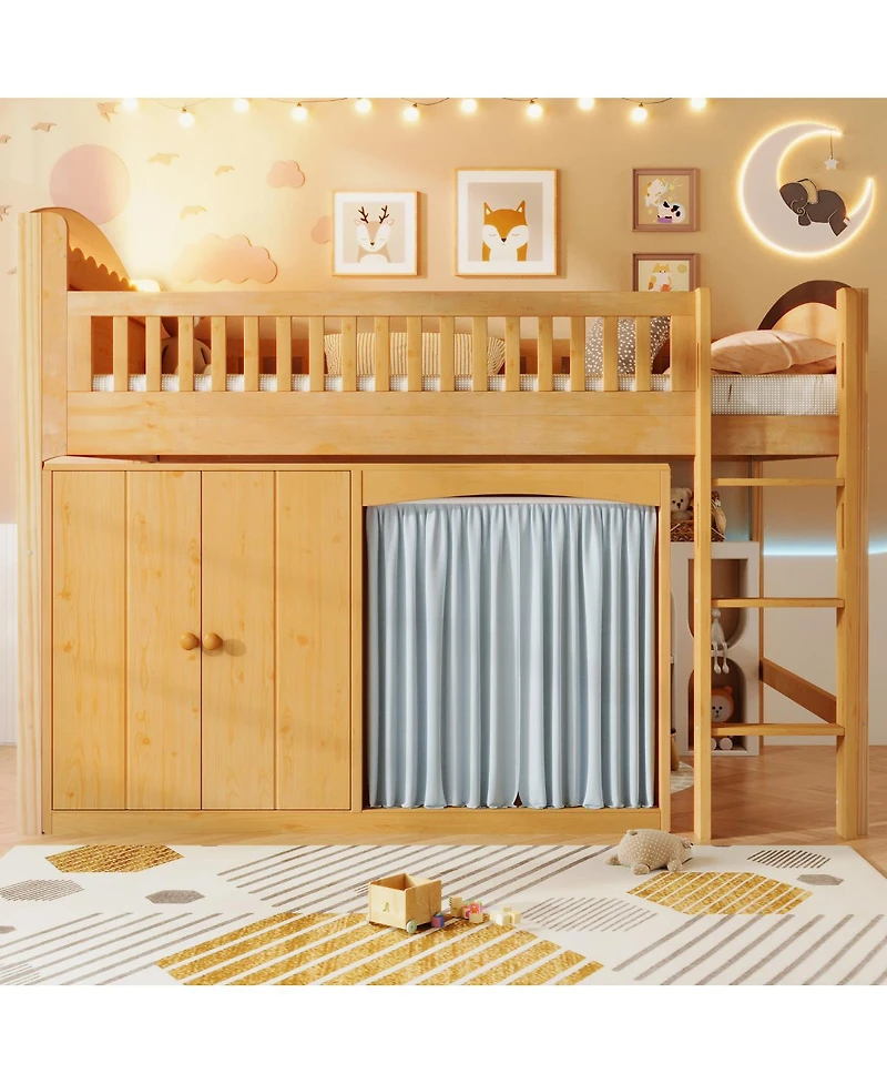 Streamdale Full Size Loft Bed with Storage Cabinet, Wardrobe & Led