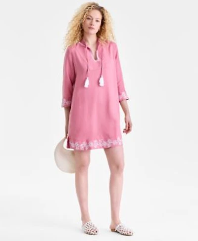 Charter Club Womens 100 Linen Embroidered Dress Macys Exclusive