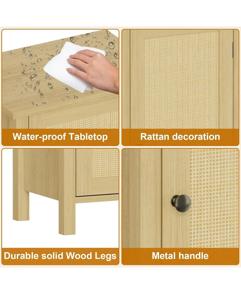 gaomon Bamboo Floor Cabinet with Woven Rattan Door, 2-Tier Storage Cabinet for Bedroom, Living Room, Slim Design