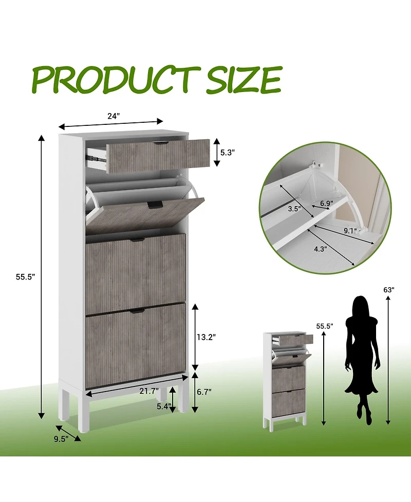 gaomon Entryway Freestanding Shoe Cabinet, 3 Flip Fluted Doors + 1 Drawer Shoe Organizer