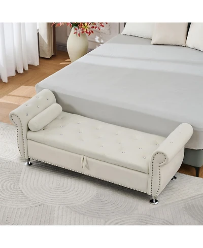 Boyel Living 62.2 Inch Soft Velvet Storage Bench with Crystal Buttons and 1 Pillow, for Bedroom Room