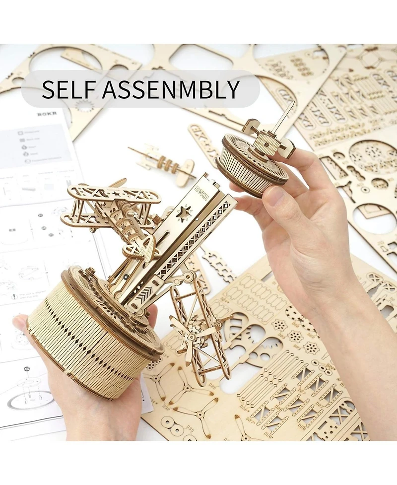 Robotime 3D Wooden Puzzle Mechanical Music Box,Diy Aircraft Model Kits to Build,Best Toy Gift for Teens,Adults on Birthday,Decoration for Room