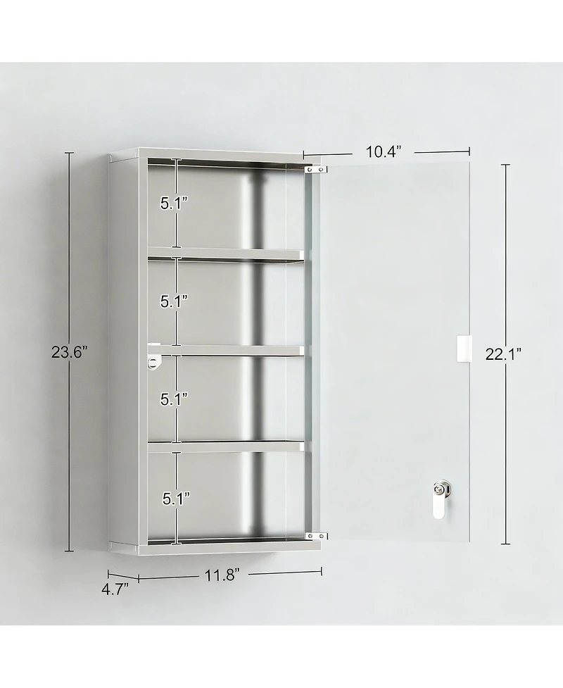 Yigii Lockable 4-Tier Stainless Steel Cabinet with Glass Door for Bathroom