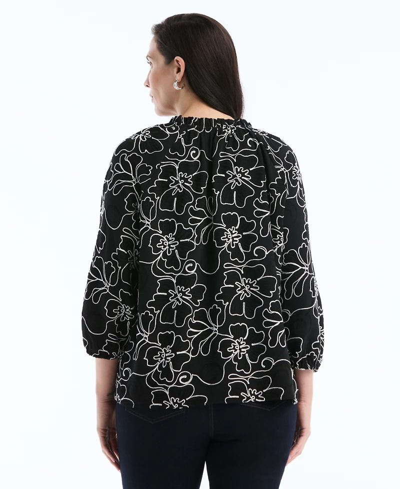 Rafaella Plus Floral Embroidered 3/4-Sleeve Blouse