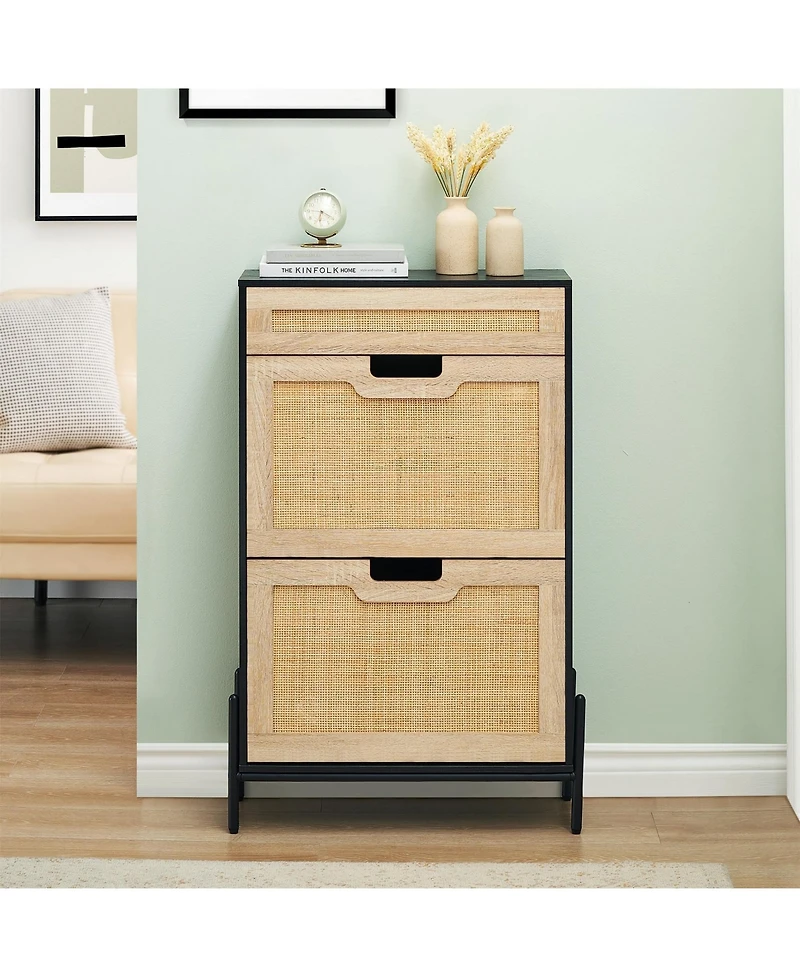 gaomon Entryway Freestanding Rattan Shoe Cabinet, 2 Flip Drawers + 1 Drawer Storage