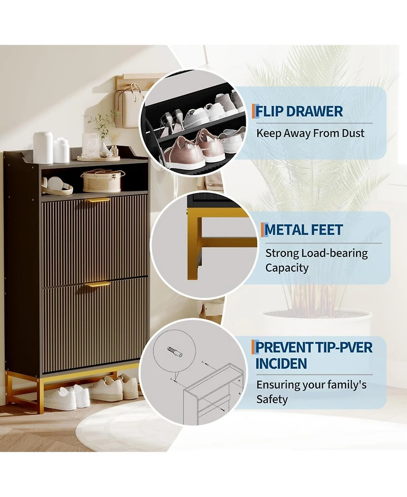 gaomon Fluted Wood Shoe Cabinet