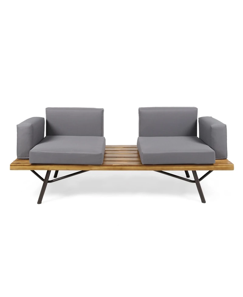 Flynama Outdoor 2 Seater Acacia Wood Sofa with Metal Legs Teak Finish Dark Gray Water Resistant Cushions for Garden Patio