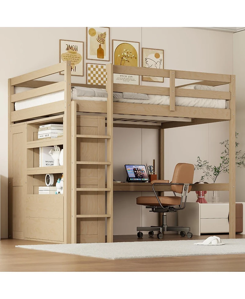 Streamdale Furniture Wood Full Loft Bed w/ Wardrobe, Desk, Storage & Drawers, Walnut