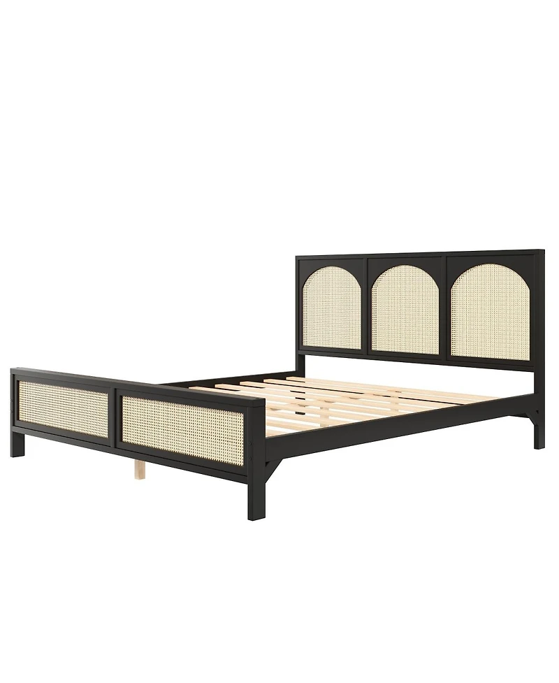 Streamdale Furniture Queen Wood Platform Bed with Rattan Headboard/Footboard
