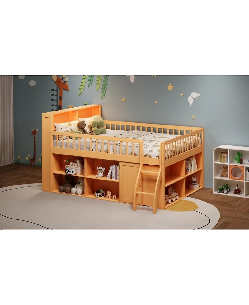Streamdale Furniture Queen Size Loft Bed with Storage, Headboard with Led Light, Natural