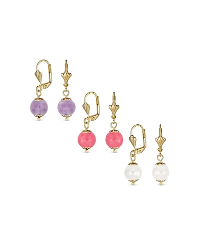 Bling Jewelry Set of 3 Round Natural Amethyst Pink Quartz White Onyx Drop Ball Earrings Gold Plated