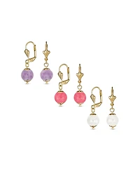 Bling Jewelry Set of 3 Round Natural Amethyst Pink Quartz White Onyx Drop Ball Earrings Gold Plated