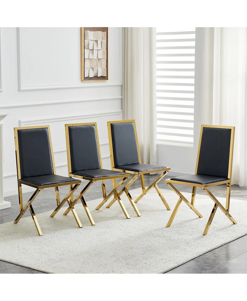 Streamdale Furniture 4-pack gold metal framed black Pu dining chairs with ergonomic design.