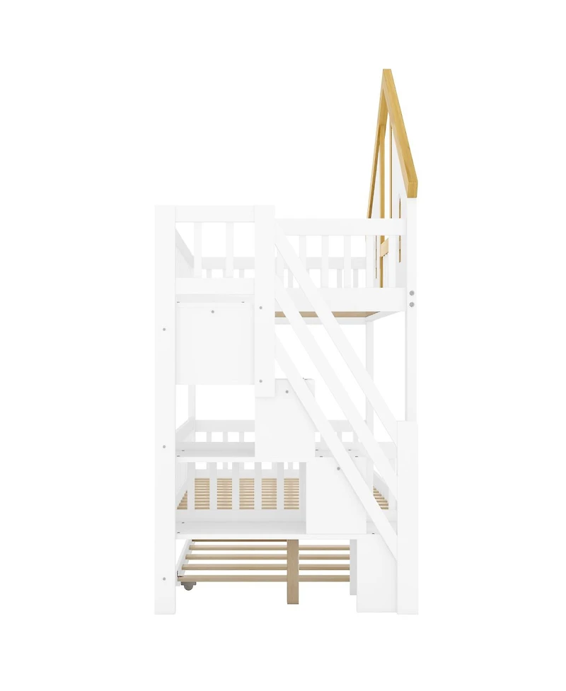 Streamdale Furniture Streamdale Twin Size Wooden House Bunk Bed with Storage Staircase & Trundle