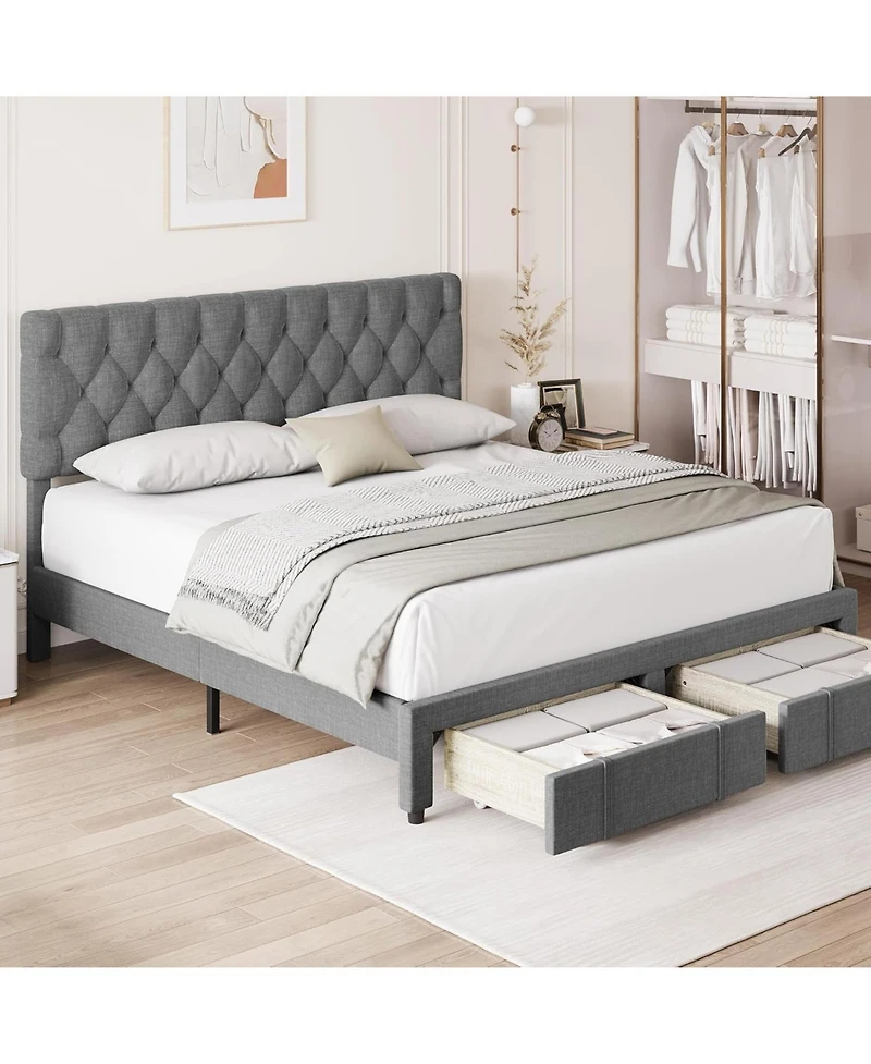 gaomon Bed Frame, Upholstered Platform Frame with Storage Drawers, Mattress Foundation Solid Wooden Slats Support