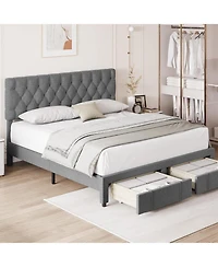gaomon Bed Frame, Upholstered Platform Frame with Storage Drawers, Mattress Foundation Solid Wooden Slats Support
