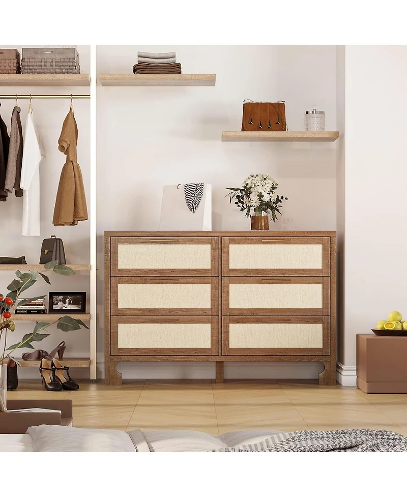 gaomon 47.2" Wood Burlap Style 6 Drawer Chest of Drawers