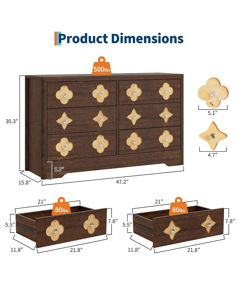 gaomon 6 Drawer Dresser for Bedroom, Wide Boho Chest of Drawers with Wooden Storage Cabinet and Decorative Front Organizer