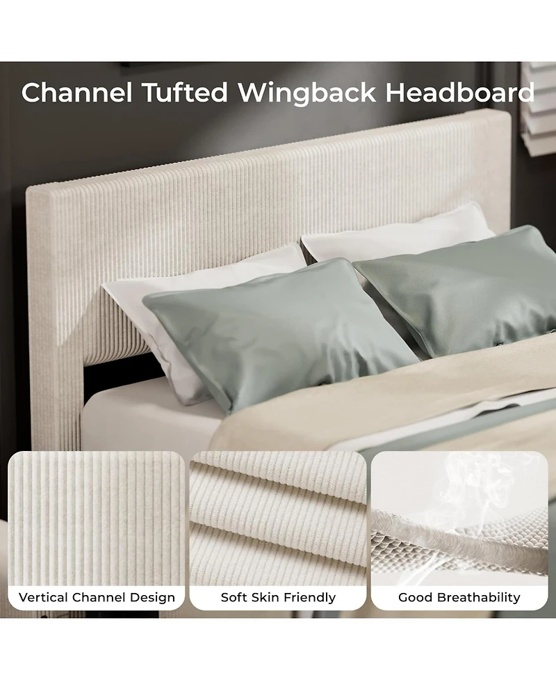 gaomon Size Platform Bed Frame with Tufted Wingback Headboard, Corduroy Upholstered Bed