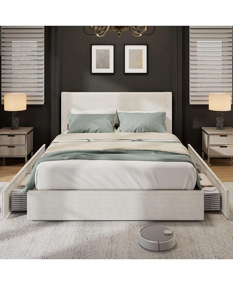 gaomon Size Platform Bed Frame with Tufted Wingback Headboard, Corduroy Upholstered Bed