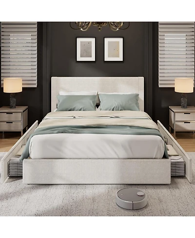 gaomon Size Platform Bed Frame with Tufted Wingback Headboard, Corduroy Upholstered Bed