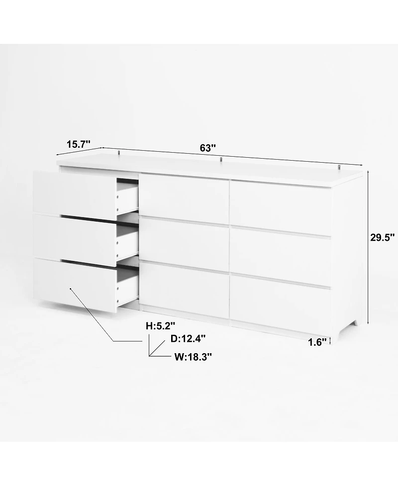 Streamdale Furniture 9 Drawer Modern White Matte Wood Dresser for Bedroom & Living Room