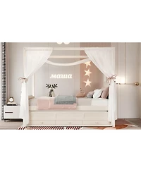 Streamdale Furniture Twin Upholstered Platform Bed with Trundle, 3 Drawers & Canopy