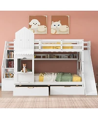 Streamdale Furniture Full-Over-Full Castle Bunk Bed w/ Drawers, Shelves & Slide - White