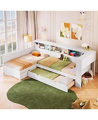 Streamdale Furniture Wood Twin L-shaped Platform Bed with Trundle & Drawer