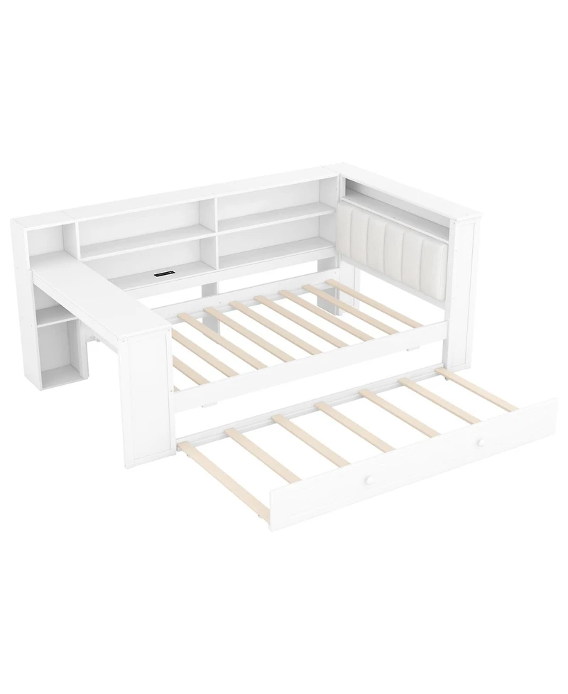 Streamdale Furniture Wood Twin Platform Bed with Storage, Trundle, Charging, Led, Desk, Headboard