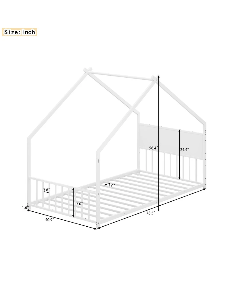 Streamdale Furniture Twin Size House Bed with Roof & Lights, Metal Frame, No Box Spring