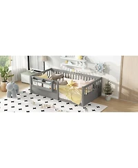 Streamdale Furniture Twin Floor Bed with Fence & Bookshelf, Wood Kids Bed