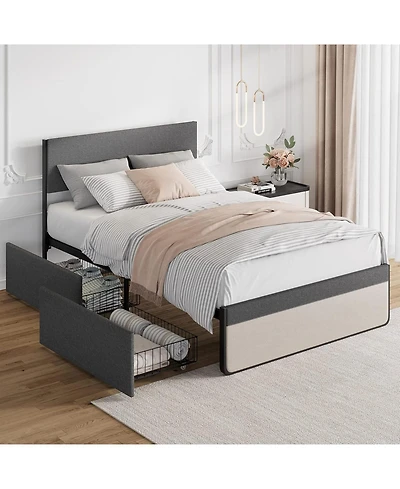 gaomon Upholstered Size Platform Bed Frame with 2 Storage Drawers and Headboard, Mattress Foundation with Steel Slat Support