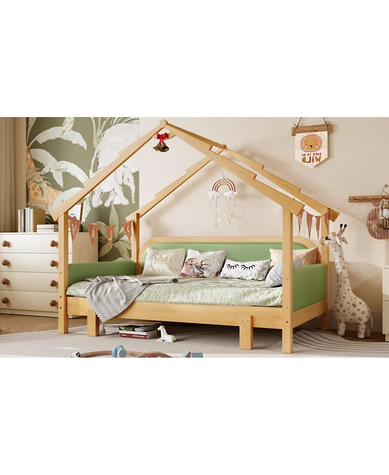 Streamdale Furniture Twin Size Wood Treehouse Bed with Soft Cushion Rails