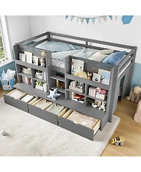 Streamdale Furniture Loft Bed with Multi-Storage Shelves & Curtain, Chalkboard