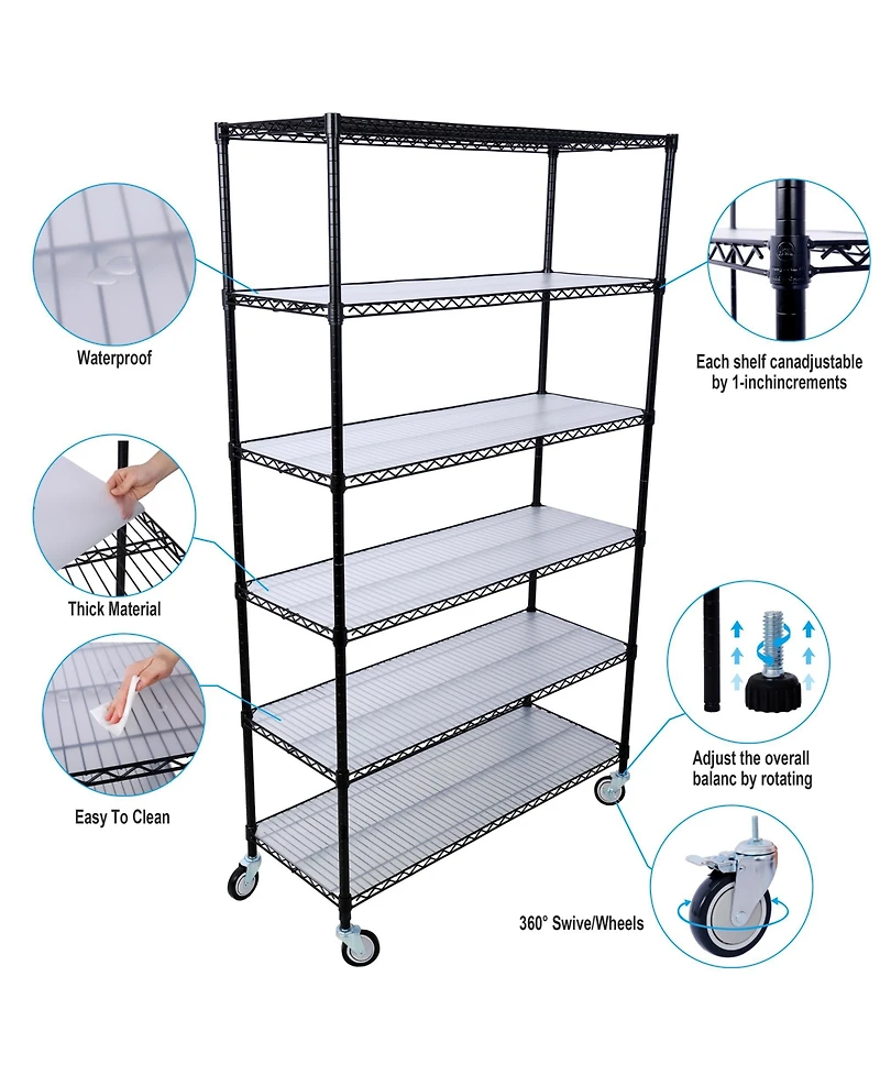 Rainsken 6-Tier Metal Wire Shelving Unit, Heavy Duty Adjustable Storage Rack with Wheels, Shelf Liners