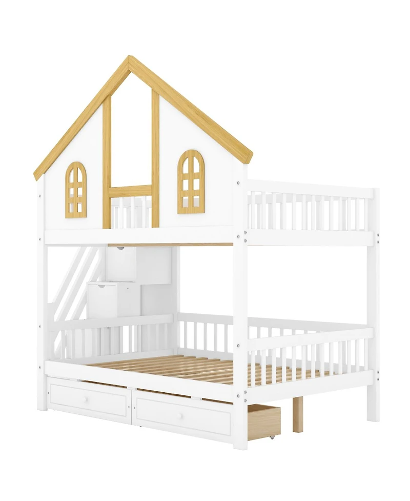 Streamdale Furniture Full Size Wooden House Roof Bunk Bed with Window, Door, Storage & Stairs