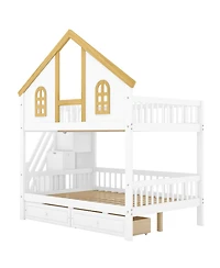 Streamdale Furniture Full Size Wooden House Roof Bunk Bed with Window, Door, Storage & Stairs