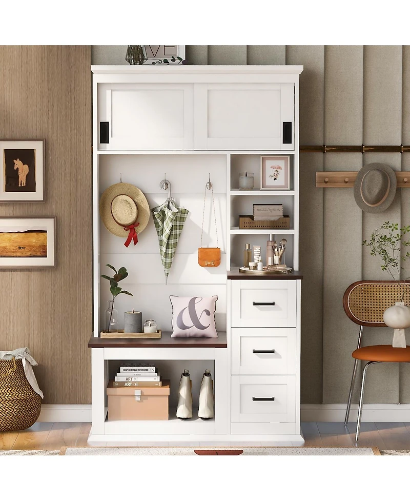 Streamdale Furniture Modern Entryway Bench with Coat Rack, 3 Shelves, Drawers & Hooks