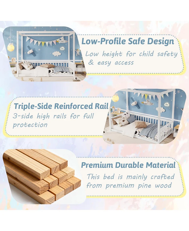 Streamdale Furniture Twin Size Canopy Floor Bed with Fence